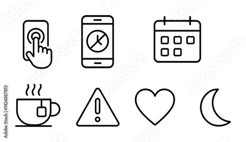 Minimalist linear icon set featuring touch, mobile, calendar, coffee, alert, heart, and moon