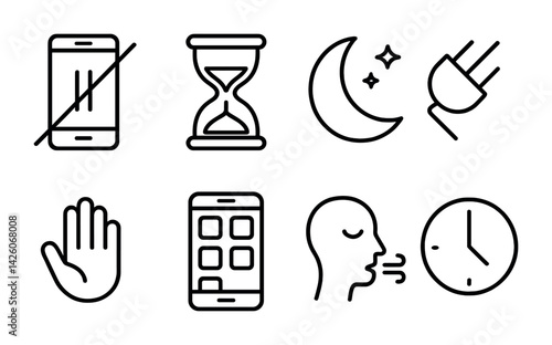 Set of 7 minimalist lifestyle line icons: phone, hourglass, moon, plug, hand, sleep, clock