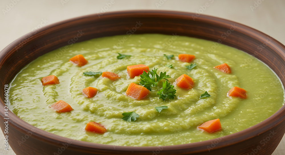 Creamy Pea Soup Garnished With Carrots in a Rustic Bowl Creamy Pea Soup Garnished With Carrots in a Rustic Bowl