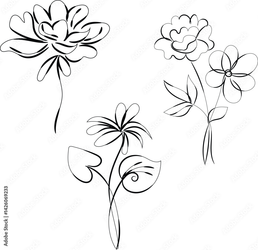 Fototapeta premium Elegant Line Art Floral Designs Set for Wedding Invitations