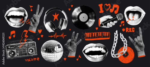 Retro music karaoke halftone collage with vinyl, microphone, headphones, eye, hands, and musical symbols doodle scribbles collection. Trendy modern retro vector illustration.
