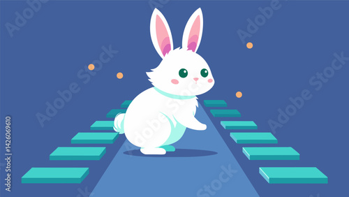 A fluffy bunny hops along a path of glowing footsteps on the interactive training mat following the sequences to enhance its memory and problemsolving. Vector illustration