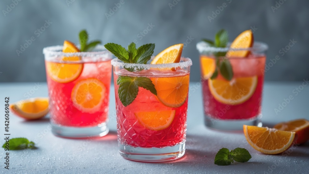 Three glasses of spritz: a refreshing cocktail with sweet, bitter notes and sparkling fizz on a summer background Three glasses of spritz: a refreshing cocktail with sweet, bitter notes and sparkling fizz on a summer background