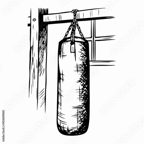 A hanging punching bag symbolizes strength and determination in a training environment, representing fitness and combat sports within an energetic atmosphere.