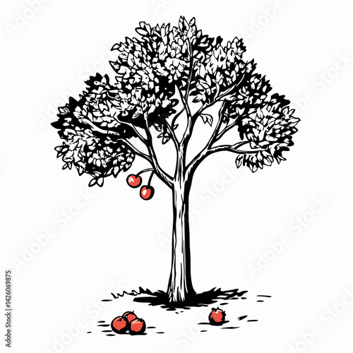 Apple tree with ripe fruit showcasing nature's bounty in a simple black-and-white illustration representing growth and abundance.