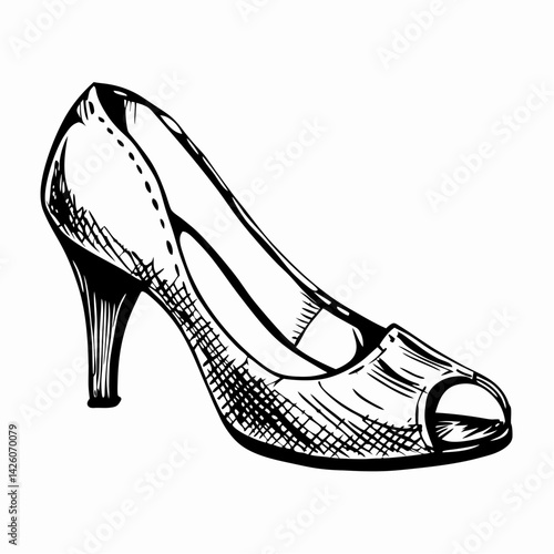 Stylish high heel shoe illustration showcasing elegance in fashion design, monochrome style representing sophistication and modern aesthetics.