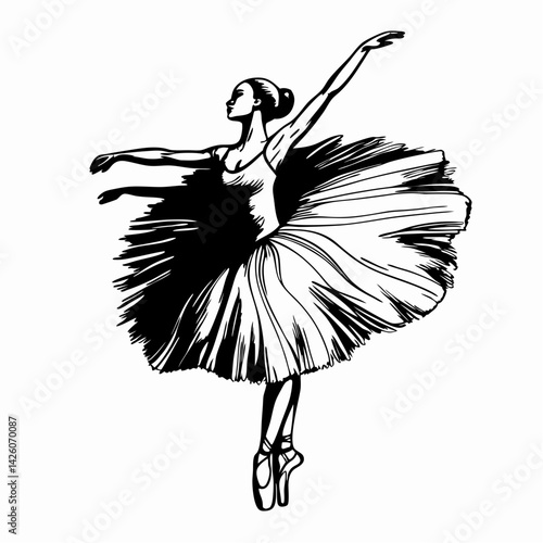 Elegant ballerina dancing gracefully in a black and white illustration with a swirling tutu, representing the beauty and artistry of ballet.