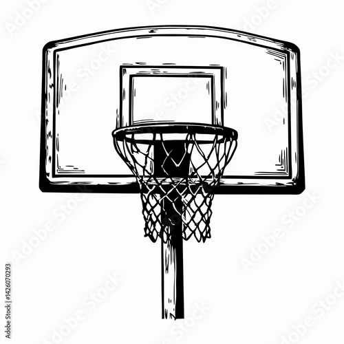 Basketball hoop silhouette displaying a net against a plain background representing sports and outdoor activities.