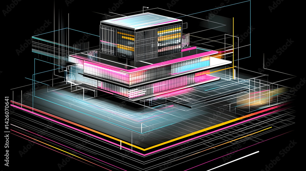 Futuristic data center architecture, vibrant network connections, digital landscape background; tech illustration Futuristic data center architecture, vibrant network connections, digital landscape background; tech illustration