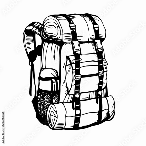 Stylish Hiking Backpack with Rolled Sleeping Bag Ready for Outdoor Adventure in Minimalist Design Representing Travel and Exploration