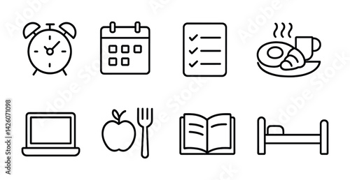 Essential daily routine icons set in linear style for efficient lifestyle planning