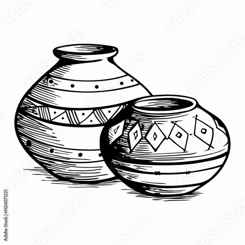 Two intricately designed ceramic vases showcasing traditional patterns in black and white, symbolizing cultural artistry and craftsmanship.