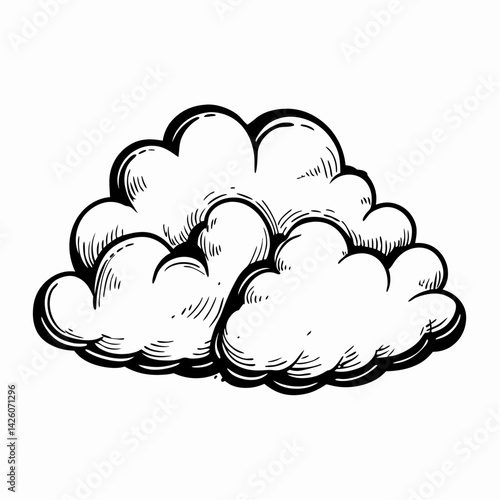 Stylized cloud illustration showcasing a playful design in black and white representing weather or dreamlike concepts.