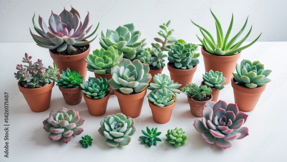 Overhead view of a collection of mixed succulent plants in pots against a white background Overhead view of a collection of mixed succulent plants in pots against a white background