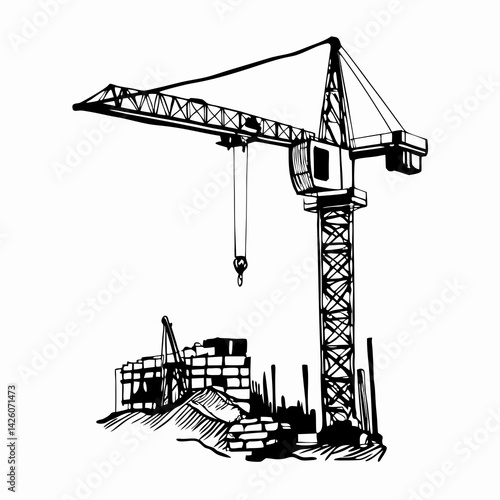 Construction crane lifting materials at a building site in a minimalistic style representing urban development and progress.