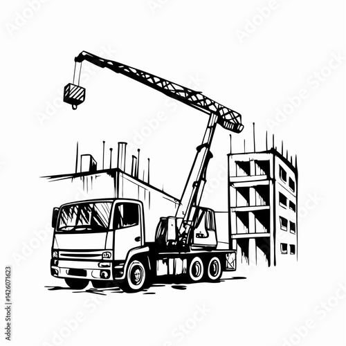 Construction crane lifting loads at a building site in an urban environment, showcasing industrial progress and development.