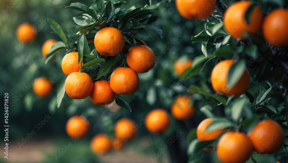 Orange orchard featuring trees laden with oranges Orange orchard featuring trees laden with oranges