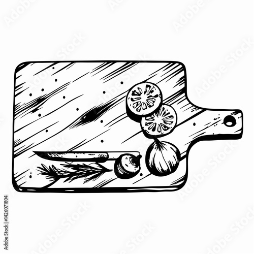 Artistic illustration of a chopping board with sliced lemon and onion, featuring a knife – representing cooking inspiration and culinary creativity.