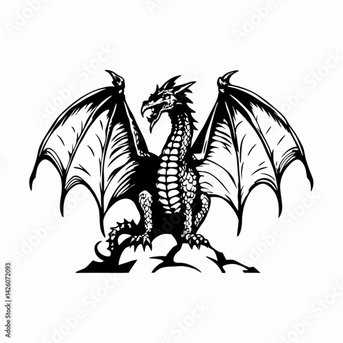 Majestic dragon perched fiercely with outstretched wings in a mythical landscape, representing power and fantasy.