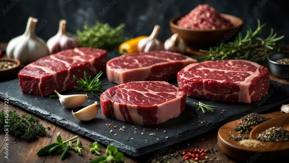 Assorted raw meats seasoned and arranged on a background with space for text Assorted raw meats seasoned and arranged on a background with space for text