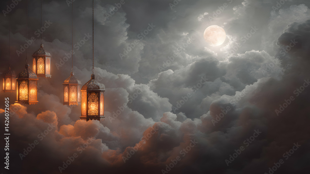 Fototapeta premium Majestic Lanterns Floating Amidst Ethereal Clouds Underneath a Soft Moonlit Sky Panorama