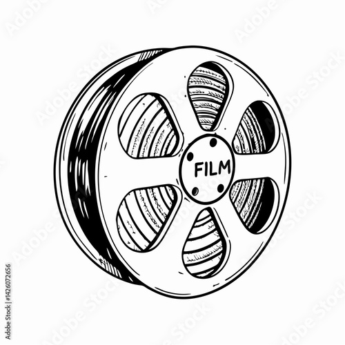 Vintage film reel showcasing classic cinema nostalgia with a black and white design, representing the art of filmmaking and storytelling.