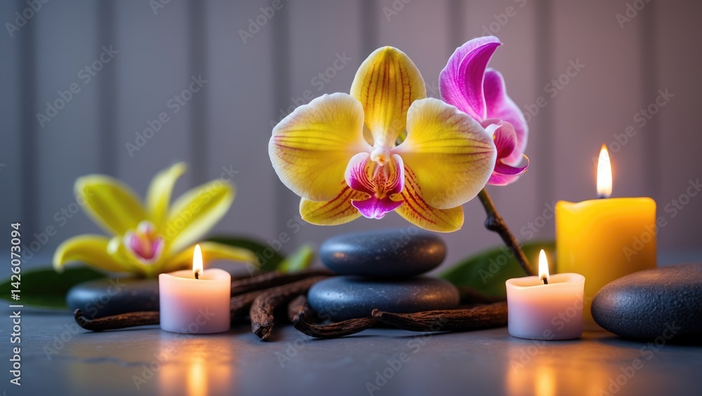 Orchid and vanilla beans in wellness therapy with candles and massage stones Orchid and vanilla beans in wellness therapy with candles and massage stones