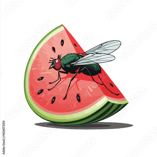 flat vector of a housefly landing on watermelon slice
