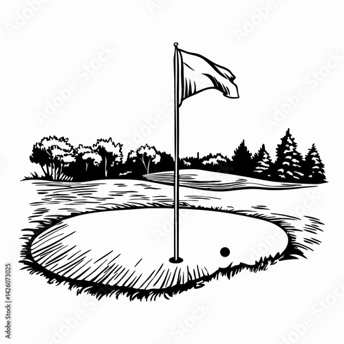 Golf flag waving in the breeze beside a golf ball on a putting green surrounded by trees representing sports and outdoor leisure activities.