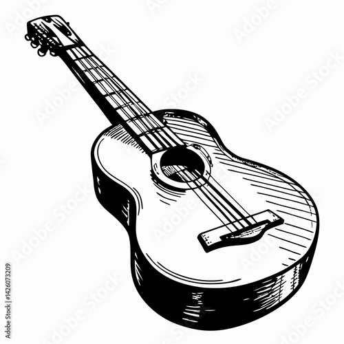 Hand-drawn acoustic guitar resting on a surface, showcasing intricate design, representing music, creativity, and artistic expression.
