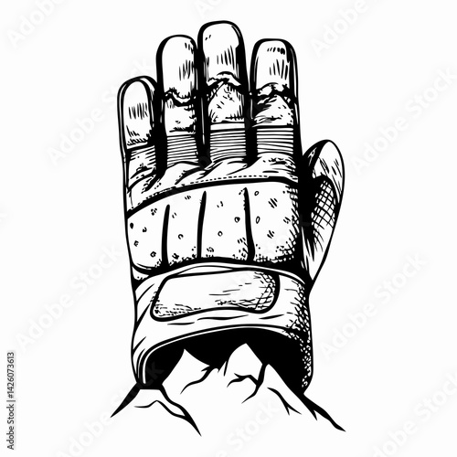 Stylized climbing glove resting on rocky terrain, showcasing adventure spirit and outdoor exploration, representing resilience and the thrill of mountaineering.