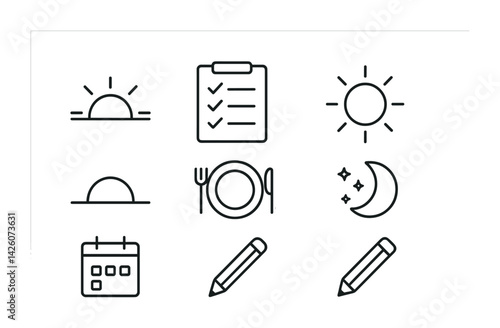 Daily routine linear icon set: sun, checklist, meal, moon, calendar, pencil