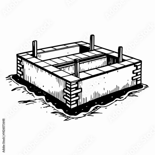 Concrete foundation outline for a building project, showcasing construction work, minimalist style, black and white illustration representing the start of a new structure.