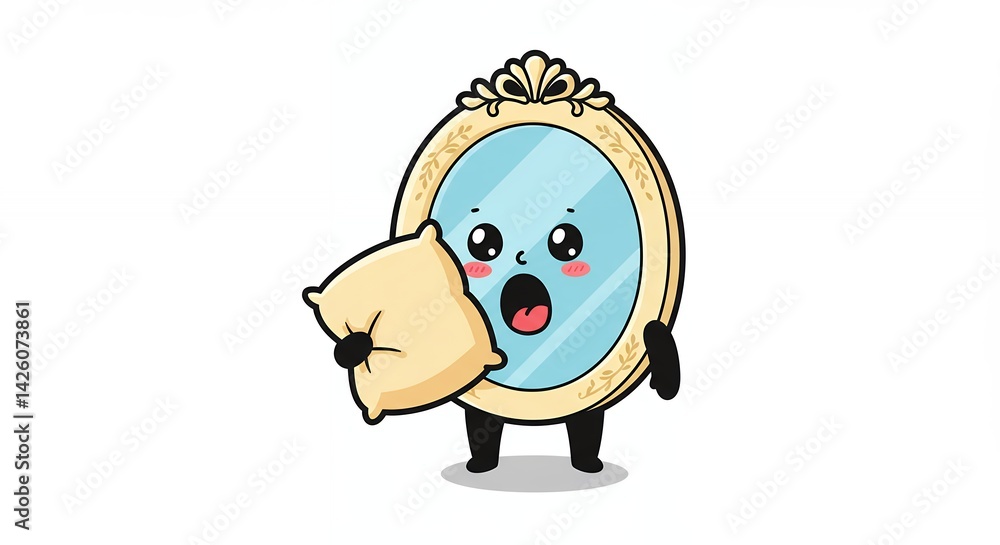 Naklejka premium Cute cartoon mirror character holding pillow