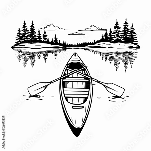 Vintage-style canoe gliding peacefully on a serene lake surrounded by lush trees and gentle hills, symbolizing adventure and tranquility in nature.