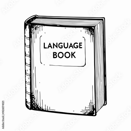 Language Book Illustration Featuring a Classic Writing Style, Black and White Colors, Representing Learning, Education, and Communication Skills.