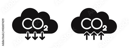 CO2 emissions icons set. Ecology and environment symbol, carbon dioxide pollution, reduce co2 gas, carbon reduction cloud, zero carbon emission. Vector illustration.