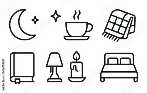 Cozy night icons set: bed, book, blanket, candle, coffee, lamp, moon in linear style