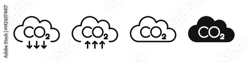 CO2 emissions icons set. Ecology and environment symbol, carbon dioxide pollution, reduce co2 gas, carbon reduction cloud, zero carbon emission. Vector illustration.