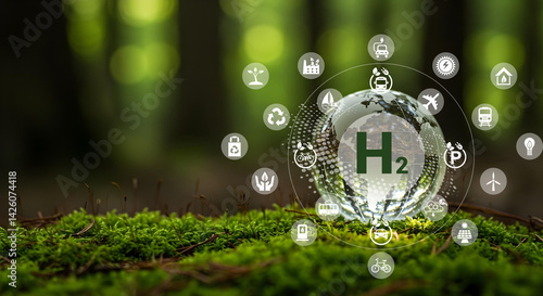 A globe representing clean hydrogen energy (H2) as a sustainable environmental solution. Promoting eco-friendly industries and alternative energy for a net-zero future and reduced greenhouse gases