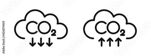 CO2 emissions icons set. Ecology and environment symbol, carbon dioxide pollution, reduce co2 gas, carbon reduction cloud, zero carbon emission. Vector illustration.