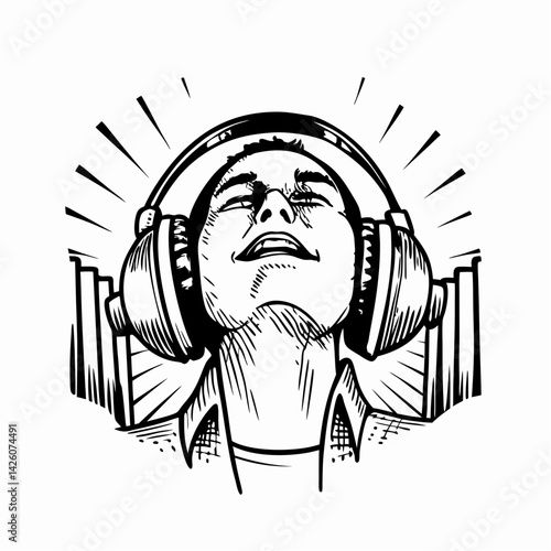 Young person enjoying music with headphones, relaxed expression, surrounded by sound waves, representing the joy and escape of music listening.