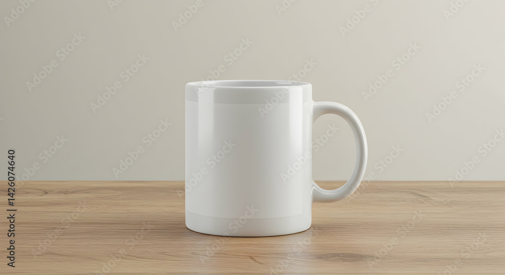 Blank white coffee mug mockup on wooden table for branding and marketing presentations Blank white coffee mug mockup on wooden table for branding and marketing presentations