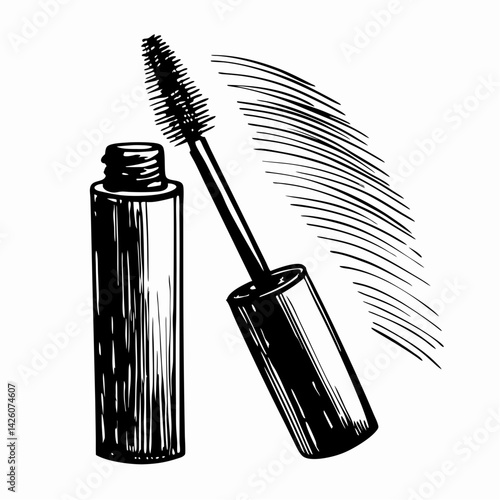 Stylish mascara tube and wand displaying beauty application on a white background, symbolizing elegance and self-expression in makeup artistry.