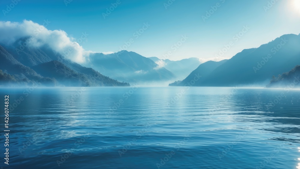 Serene blue lake and mountain scene illuminated by sunlight Serene blue lake and mountain scene illuminated by sunlight