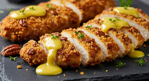 Exquisite Pecan Crusted Chicken Breast Served with Rich Honey Mustard Glaze