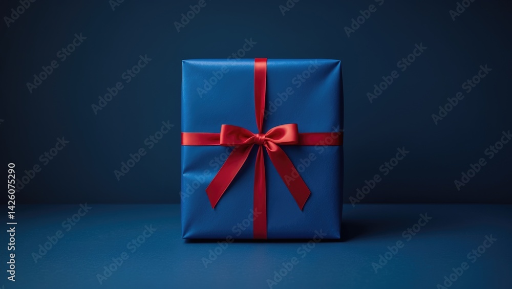 Elegant blue gift box with red ribbon for Christmas and holiday celebrations on dark blue background