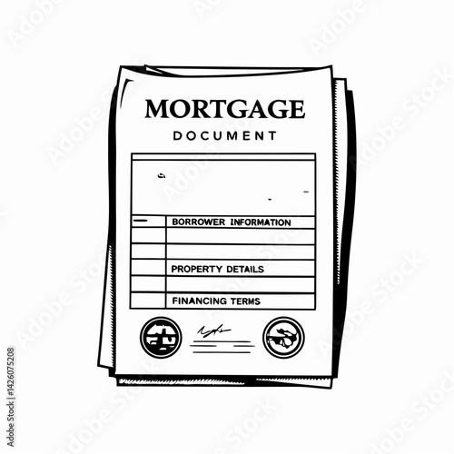 Mortgage document outlining borrower details and financing terms, depicted in a clear style, representing financial transactions and home ownership essentials.