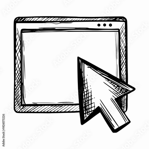 Sketch of a blank computer screen with a large cursor arrow, emphasizing digital interaction in technology-oriented backgrounds representing creativity and design.