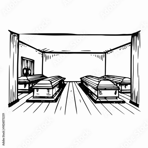Quiet Funeral Home Scene with Coffins, Minimalist Style, Black and White, Depicting Mourning and Reflection on Life and Death
